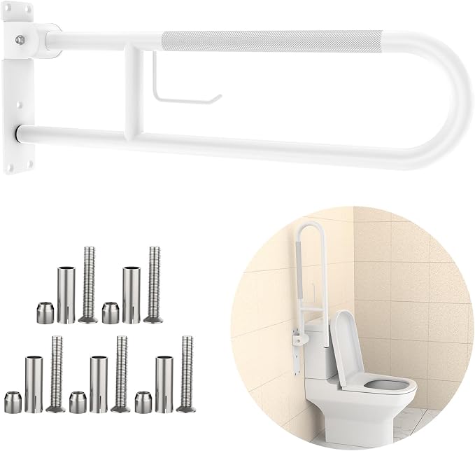 Toilet Grab Bar 32 Inch, YuanDe White Anti-Slip Support Rail | U Shaped Flip-Up Grab Bar with Paper Holder, Stainless Steel Knurled Handicap Safety Handrails for Disabled Elderly Pregnant