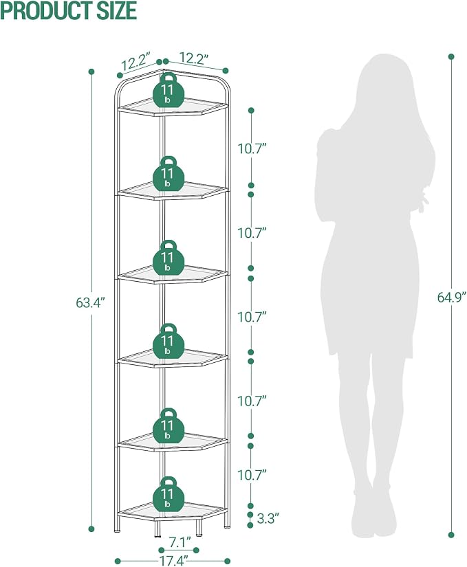Hzuaneri Corner Shelf Stand, 6-Tier Glass Bookshelf Bookcase, Plant Stand | Bathroom Organizer Steel Frame, Tempered Glass, Modern Style for Living Room, Bathroom, Kitchen, White CS90613W
