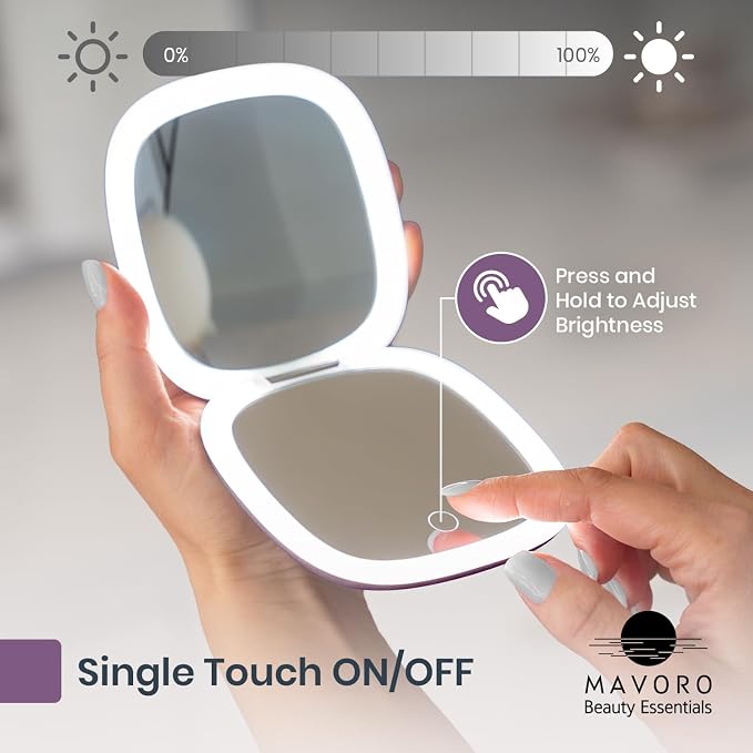 LED Lighted Travel Makeup Mirror 1x/10x, USB-C Rechargeable (Violet Mist)