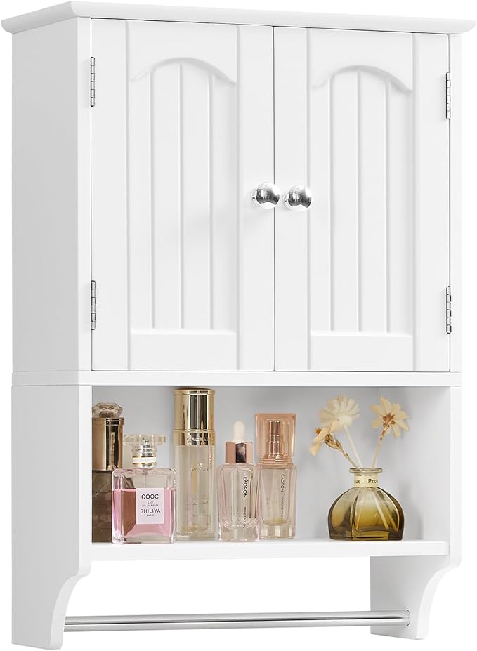 Medicine Cabinet with Adjustable Shelves and Towel Rack, Wall Mounted Bathroom Cabinet Over the Toilet Storage for Bathroom, Living Room, White