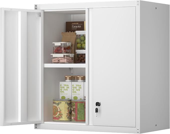 Metal Wall Cabinet, Steel Locking Cabinet for Office, Home Office Cabinets with Doors and Shelves, Garage Cabinets for Utility Room, Laundry Room