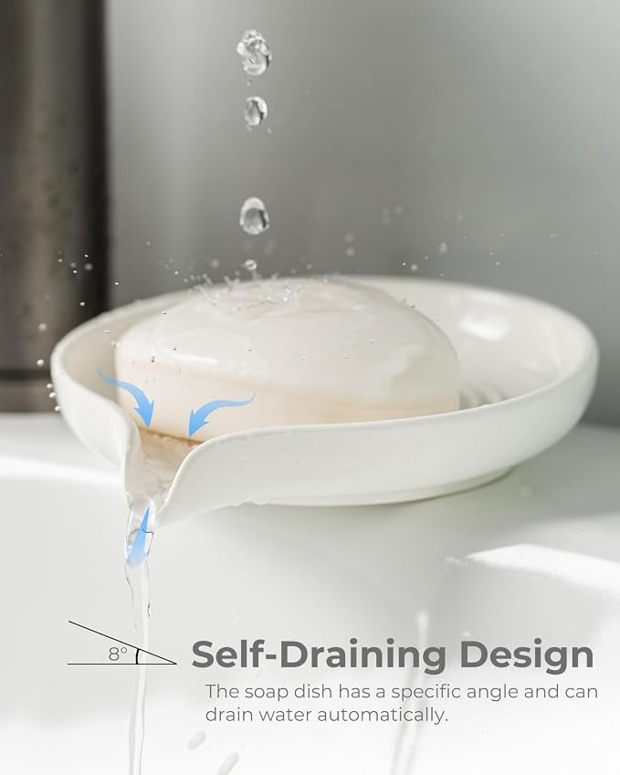 Zoeeker Self Draining Soap Dish, Ceramic Drain Soap Holder Waterfall Design | Bar Soap Dish with Drainage Round Kitchen Soap Saver for Shower, Bathroom, Sink, Kitchen and Countertop, Keeps Dry, White