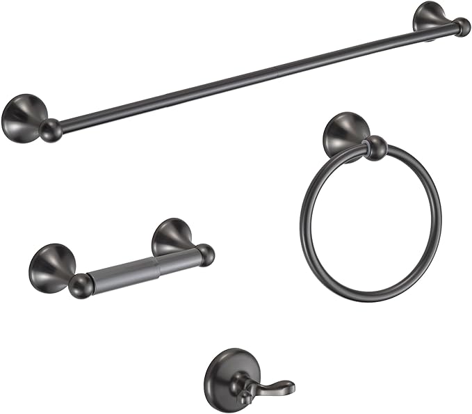 BGL Bathroom Hardware Set Grey Electroplating 4-Piece Bathroom Accessories Set Wall Mounted Adjustable Towel Bar Robe Hook Toilet Paper Holder Towel Ring Glossy Grey