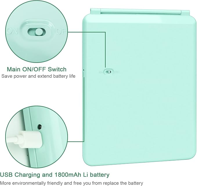 Folding Travel Mirror Lighted Makeup Mirror with 72 LEDs 3 Colors Light Modes, USB Rechargable, Portable, Ultra Thin, CompactVanity Mirror with Touch Screen Dimming for Cosmetic (Green)