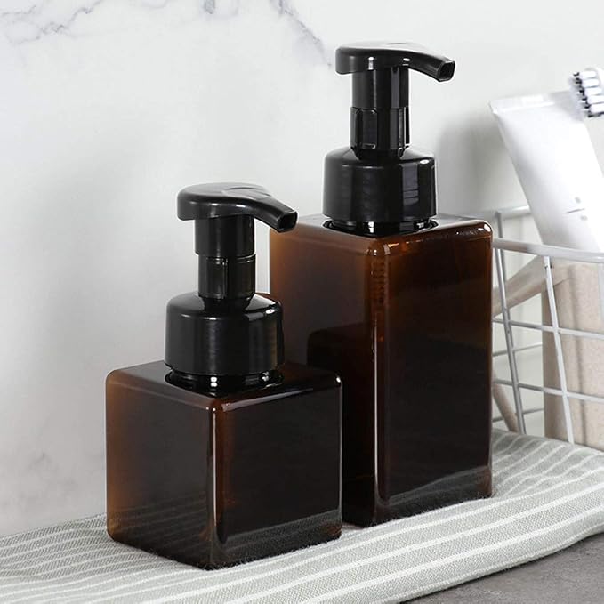 UUJOLY Foaming Soap Dispenser, 450ml (15oz) Refillable Pump Bottle Plastic for Liquid Soap, Shampoo, Body Wash (2 Pcs) (Amber) | Hand Dispenser for Liquid Soap, Shampoo & Body Wash – Saves Soap with Rich Foam, Reusable, Easy to Refill, BPA-Free