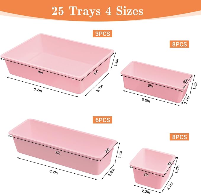 SpaceHacks 25 PCS Plastic Drawer Organizer, 4-Size Versatile Organizer Trays & storage Bins