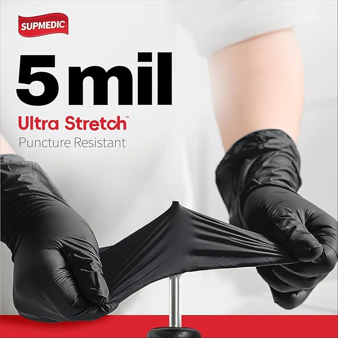 Nitrile+ Disposable Gloves, 5 Mil Latex & Powder-Free Glove 100 Ct | Soft Stretch Fit •Powder-Free •Latex-Free •Chemical Resistant •Cooking •Cleaning •Food Prep •Exam •Blue /Black •100 Ct