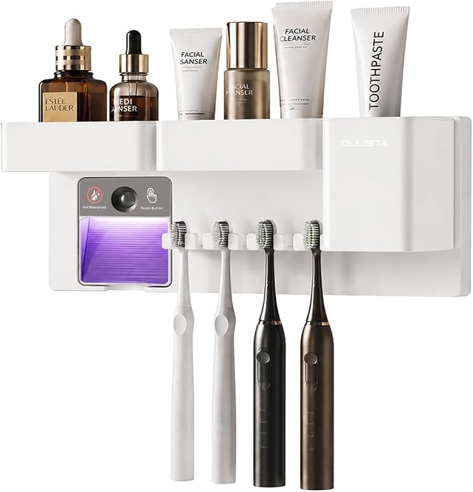 Toothbrush Holders for Bathrooms Toothbrush Holders Wall Mounted with Magnetic Night Light-4 Toothbrush Slots, 3 Independent Storage Compartments Bathroom Decor All-in-One Organizers Accessories White