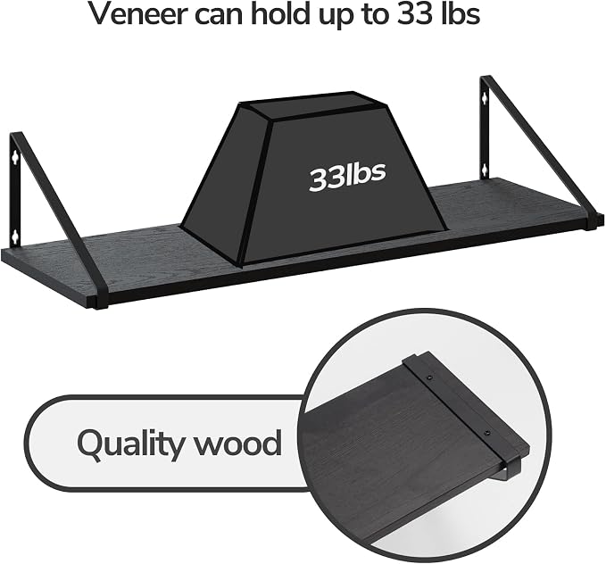 BAMEOS 24X8 Floating Shelves Rustic Wood Wall Shelf Set of 3,Bookshelf for Living Room, Office, and Bedroom, with Metal Bracket…