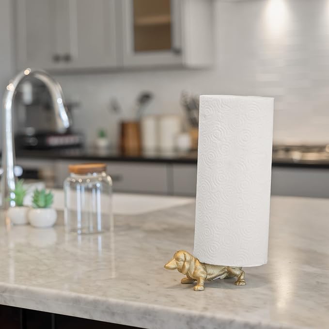 Gold Paper Towel Holder, Metal Toilet or Kitchen Paper Holder for Floor or Countertop, Gold Dog | 18.6 inch tall gold cast iron hand towel holder for kitchen countertop or bathroom with weighted base, no assembly