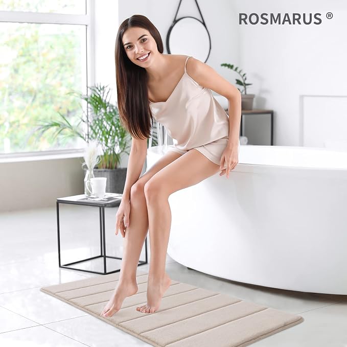 ROSMARUS Memory Foam Bath Mat, 17''x24'', Ltbrown | Water Absorbent, Ultra Soft, Non Slip, Thick Foam, Bathroom Rugs for Floor & Tub, Machine Washable Care