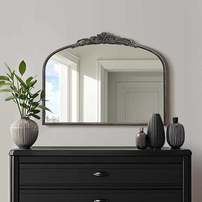 Micasso Vintage Black Arched Mirror: 32"x24" Baroque Antique Vanity Mirror | Traditional Ornate French Decorative Wall Mirror for Bedroom/Bathroom/Entryway/Hallway/Dresser/Mantel/Nightstand/Over Sink