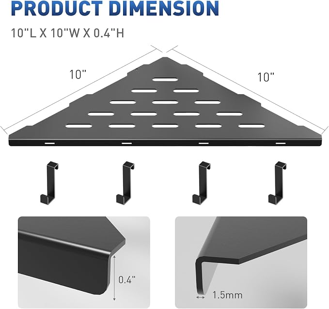 lives Corner Shower Shelves 2 Pack, 10" Black Corner Shelf for Bathroom, 304 Stainless Steel Grout in Bathroom Shower Shelf for Tiled Wall, Waterproof, Easy Install（with Hook）