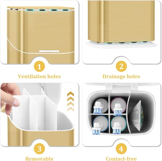 GFWARE Gold Electric Toothbrush Holder with Cover, Ventilated & Drainage | Detachable 5 Slots Bathroom Organizer for Toothbrush & Toothpaste, Waterproof & Dustproof, Electric Toothbrushes Under 10 In
