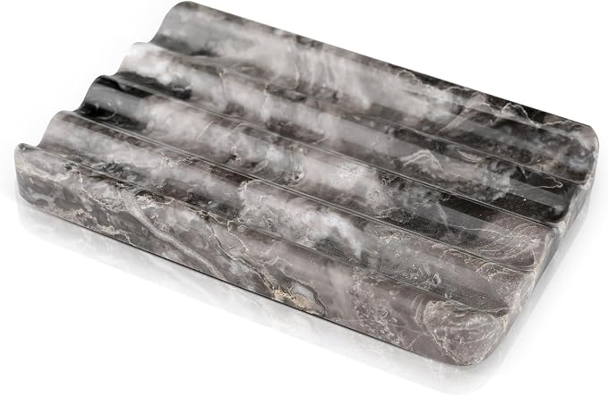 Karibiber Marble Soap Dish, Bar Soap Holder Shower, Brown Soaps Saver with Water Ripple Design, Easy Cleaning Stone Sponge Holder for Kitchen Sink，Bathroom, Executive Natural Stone Soap Tray