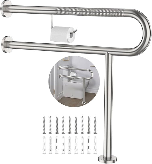 ZUEXT 31.5x28 Inch Brushed Nickel Knurled Toilet Grab Bar with Paper Holder | Wall to Floor, Anti-slip Handicap Grab Bar, Stainless Steel Bathroom Support Rail with Leg, For Elderly Disabled Pregnant