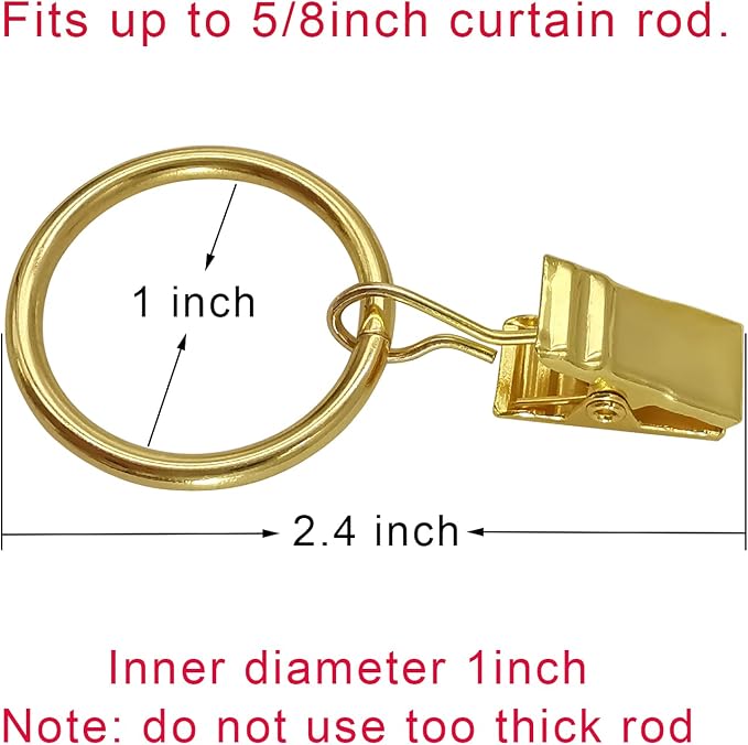 LLPJS 44 Pack Curtain Rings with Clips, Curtain Clip Rings Hooks, Bow Hanger Clips for Hanging Drapery Drapes Bows, Ring 1 inch Interior Diameter, Fits up to 5/8" Rod, Gold