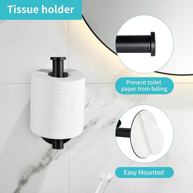 Yagoo Adhesive Toilet Paper Holder, Rustproof Toilet Roll Holder(2, Black) | SUS304 Stainless Steel,No Drilling Installation, Fits Most Standard Rolls,Suitable for Bathroom and Kitchen