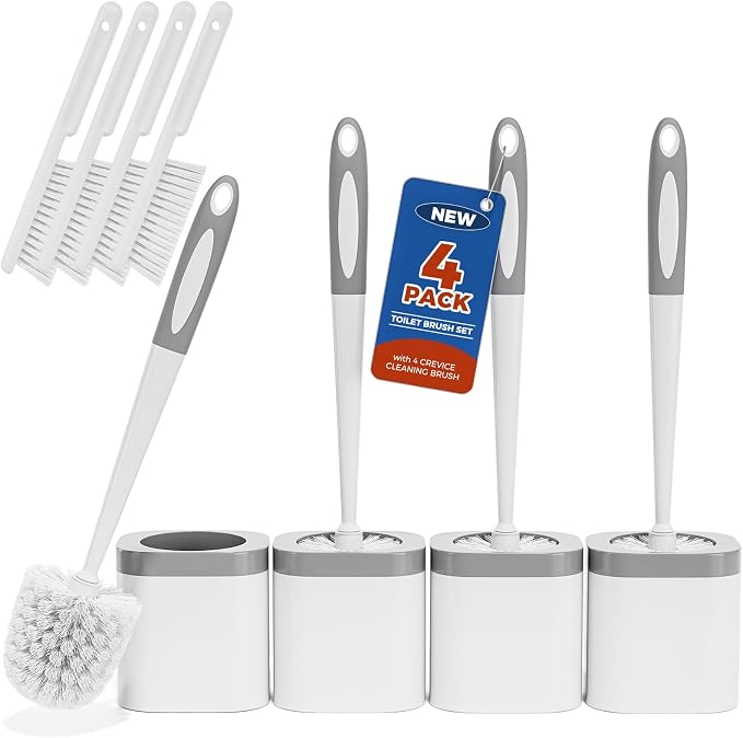 Holaloha Toilet Brush and Holder Set, Space Saving, 4 Pack, White | Bathroom Accessories, Ergonomic Silicone Handle, Dense Bristles, Deep Cleaning, with 4 Crevice Brushes, Compact Design