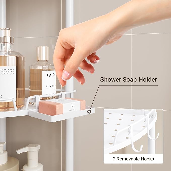 ELYKEN Corner Shower Caddy Standing, 4 Tier Metal Shower Organizer, White | Stainless Steel Shower Shelves with Soap Holder, Adjustable Feet & 2 Hooks for Storing Bath Essentials in Bathroom corner