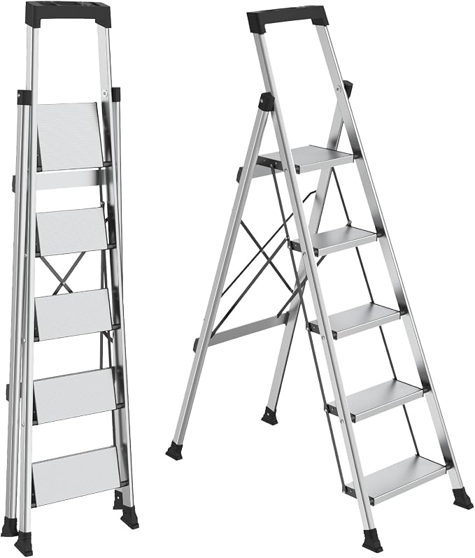 HBTower 5 Step Ladder, Lightweight Aluminum Folding Step Stool | Anti-Slip Wide Pedal, 330lbs Capacity Step Ladder for Household Kitchen Office, Silver