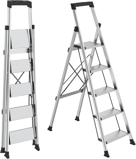 HBTower 5 Step Ladder, Lightweight Aluminum Folding Step Stool | Anti-Slip Wide Pedal, 330lbs Capacity Step Ladder for Household Kitchen Office, Silver