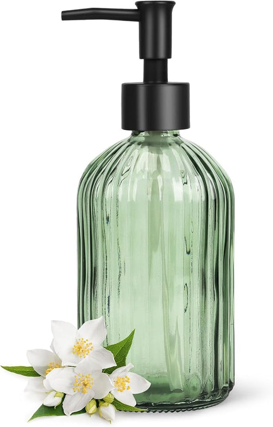 Topsky Glass Soap Dispenser with Black Plastic Pump, 400ml Army Green | Refillable Liquid Hand Soap Dispenser, Rustproof Pump for Kitchen & Bathroom, Great for Lotions, Essential Oil, Liquid Soaps