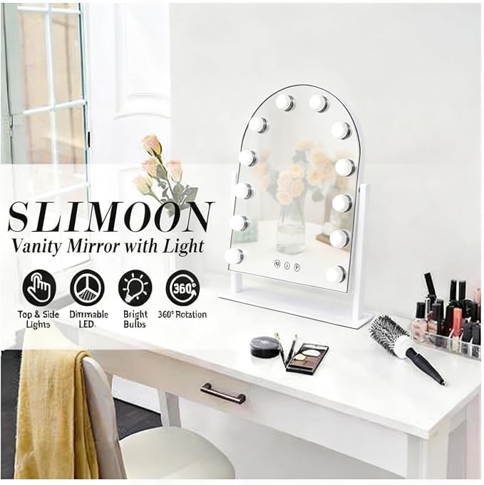 Arched Makeup Vanity Mirror with Lights,10X,White 18.5"x 14.17" | Vanity Mirror with Detachable 10X Magnification Mirror, Rechargeable, 3 Color Lights,Smart Touch, 360‑Degree Swivel