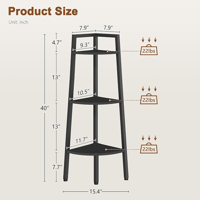 Hoctieon Corner Shelf, 3-Tier 40" Tall Corner Bookshelf, Rustic Ladder Shelf, Industrial Display Stand for Living Room, Kitchen, Home Office, Balcony, Small Space, Metal Frame, Black