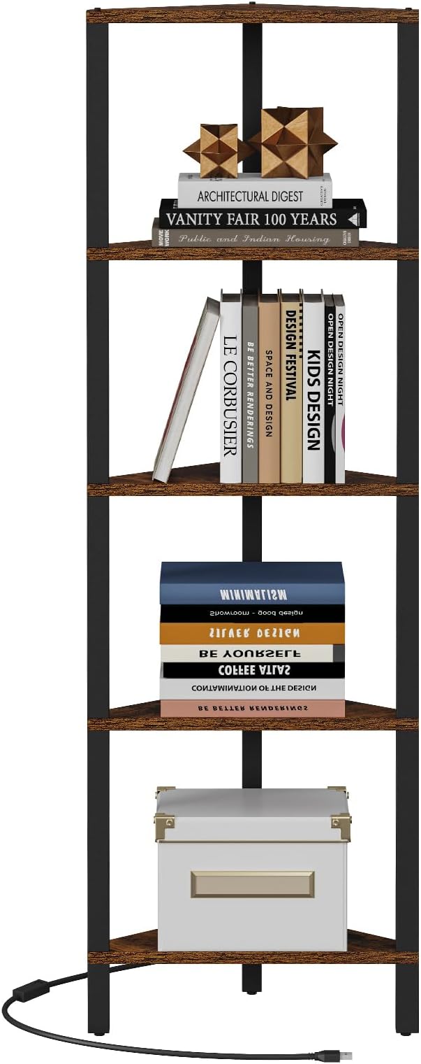 TUTOTAK Corner Shelf with LED Light, 5-Tier Corner Bookshelf | for Small Space, Narrow Display Corner Shelf Stand with Storage Rack, for Living Room, Bedroom, Rustic Brown BS05BB005L