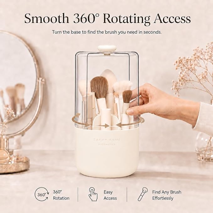 EACHY Makeup Brush Holder with Lid, Rotating Makeup Brush Organizer, Beige | Dustproof Lid, 7 Compartments, Waterproof Plastic, Vanity Makeup Organizer for Brushes