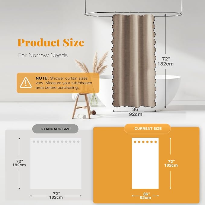Stall Boho Scalloped Linen Textured Shower Curtain, 36x72, Tan/Taupe | Half Size, 230GSM Waterproof Polyester, Heavy Duty Fabric, 6 Plastic Hooks, Elegant Modern Farmhouse Style, Machine Washable