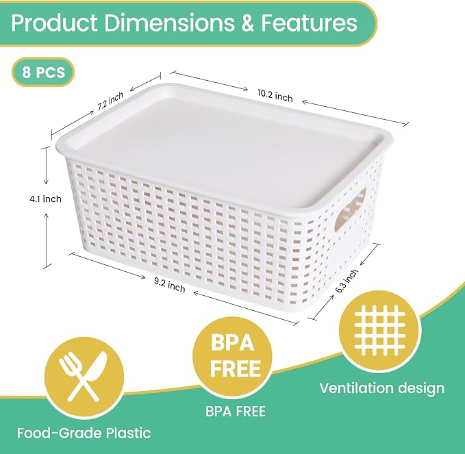 Ohmlove 8 Pack Plastic Storage Baskets with Lids for Organization | Stackable Storage bins, Storages Baskets for Organizing Shelves Drawers Desktop Closet Playroom Classroom Office, White