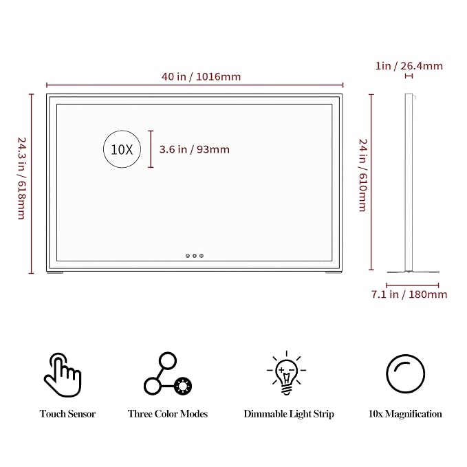 Large 40x24 inch,Mirror with Lights for Dressing Room, Extra Long Vanity Mirror for Bedroom,Wall 10X Cosmetic Mirrors,Silver
