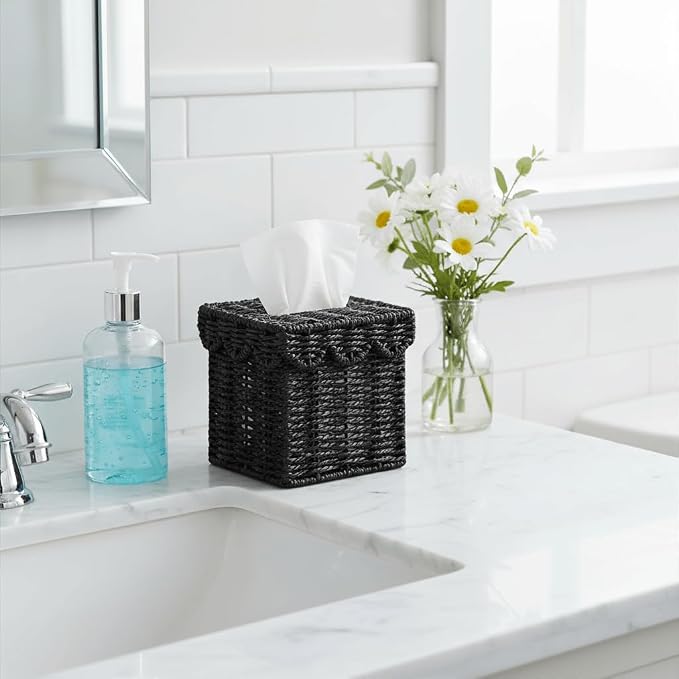 CubesLand Square Wicker Tissue Box Cover W/Scalloped Lid for Home Decor | Rustic Farmhouse Boho Facial Tissues Boxes Holder fits Bathroom Living Room Table Decor, Handwoven, Black