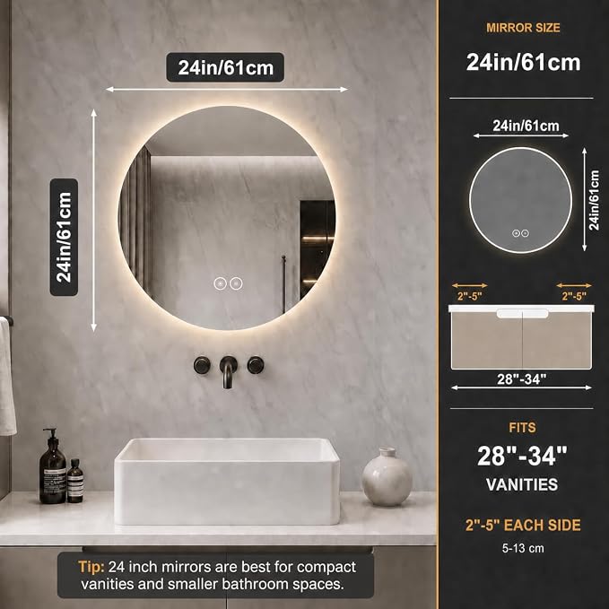 LAIYA 24 Inch Round LED Bathroom Mirror Frameless Backlit Anti-Fog Dimmable | Touch control, 24V IP65 strip, CRI 95+, 3000K-6000K colors, 10%-100%, memory, 5mm copper-free glass, 3-5 min defog, wall kit.