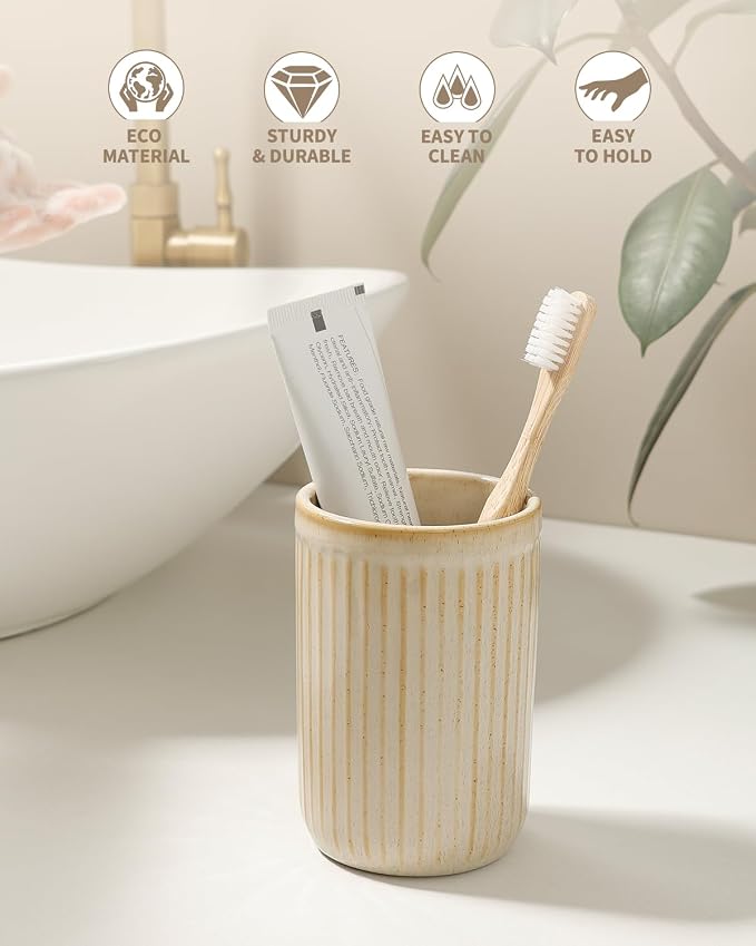 BosilunLife Ceramic Toothbrush Holder - 12oz Bathroom Toothbrush Holder Tooth Brush Holders Tumbler Cups Reusable Toothbrush Mouthwash Cup Small Toothbrush and Toothpaste Holder, Striped Greige