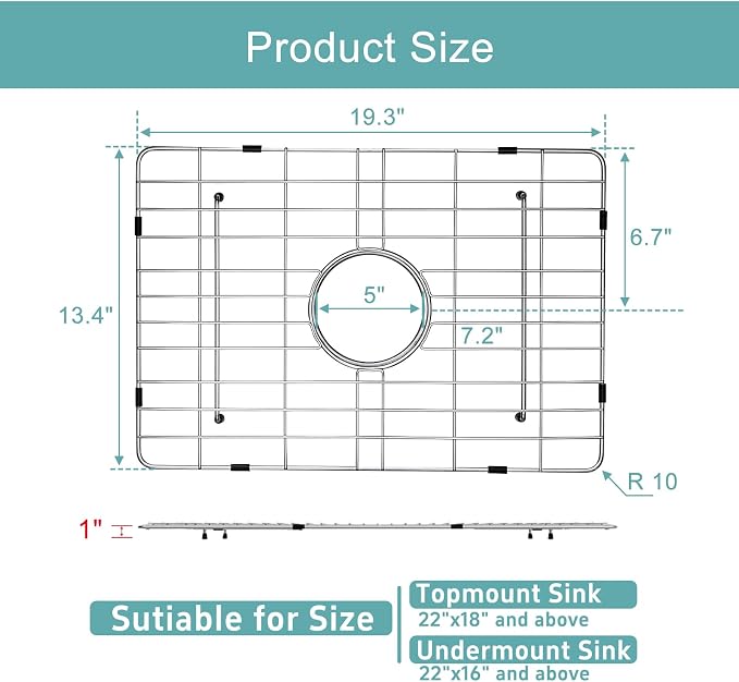 Stainless Kitchen Sink Protector - 20" x 14" with Center Drain | S304 Sink Grids for Bottom of Kitchen Sink, Center Drain for Single Bowl Kitchen Sink with Corner Radius