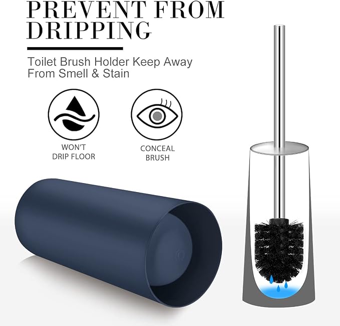 Toilet Brush and Holder, 2 Pack Toilet Brush with 304 Stainless Steel Long Handle, Toilet Bowl Brush for Bathroom Toilet-Ergonomic, Elegant,Durable (Blue)