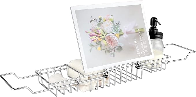 HOMEE Stainless Steel Shower Caddy Tray with Removable Book Holder Silver | European Style Extendable Rectangular Bathroom Tray for Shower Bath Phone IPad Book Holder Candleholder Table Shelf