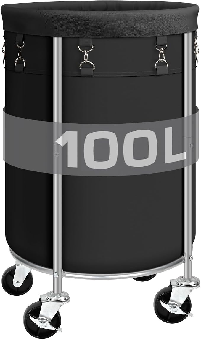 100L Round Rolling Laundry Hamper Basket with Wheels, Black | Laundry Sorter Cart with Removable Bag, Clothes Organizer, Metal Frame, Bedroom, Bathroom, Laundry Room, Dorm Use