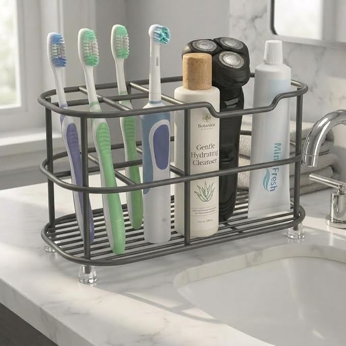 Bathway Toothbrush Holder for Bathroom, 6.9"L x 3.4"W x 4"H, Matte Gray, L | Waterproof, Rust-Proof, More Durable, Multifunctional, Large-Capacity, Non-Slip, Anti-Tip, Self-Draining, Stylish Appearance