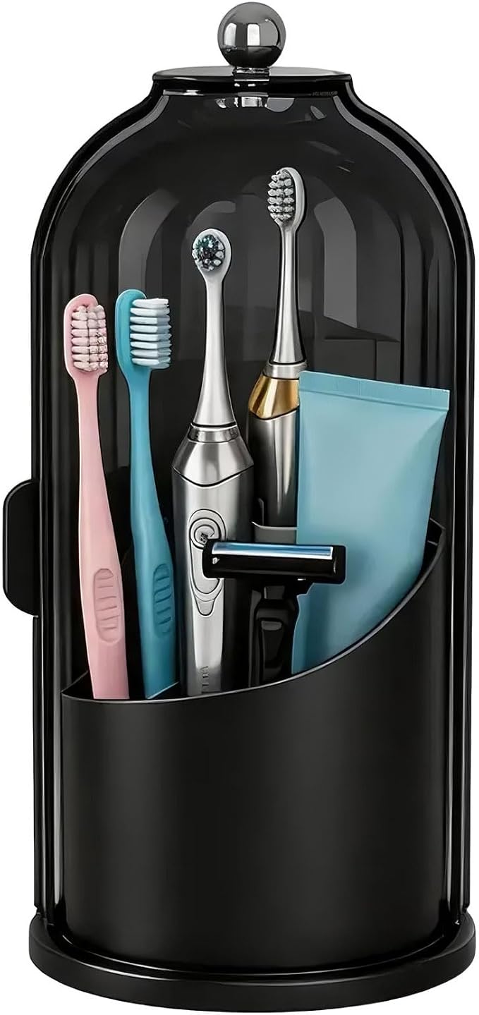 JEESA Dustproof Toothbrush Holder with Cover, All Black | 360° Rotating, 180° Sliding Lid, 3 Slots, Toothbrush Organizer, for Bathroom Countertop
