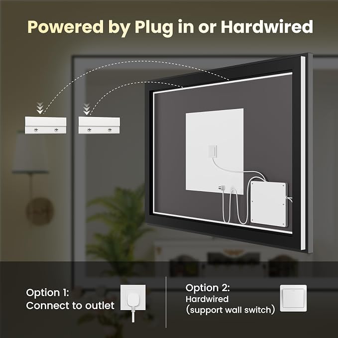 WTTY 40"x30" LED Bathroom Mirror with Black Frame | Aluminum Alloy Framed, Anti-Fog, Dimmable, 3 Color Temperature, Memory Function, Tempered Glass, Lighted Vanity Wall Mirror