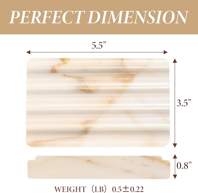 Natural Marble Soap Dish for Bathroom Shower, White Gold Marble Soap Tray for Bathroom, Stone Soap Tray for Sink, Stripe Grooves Soap Saver Keep Soap Bars Dry Easy Clean