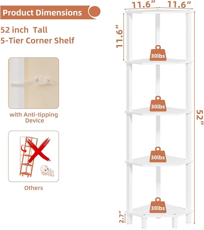 YUFAM 5-Tier Corner Shelf, White | Wooden Corner Bookshelf for Small Spaces, Corner Standing Shelf with Sturdy 5-Leg Base