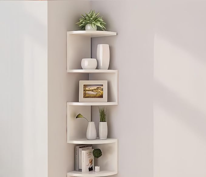 No-Drill Corner Shelf Wall Mount, 5-Tier Thickened 12mm Floating Bookshelf with Hooks, Space-Saving Zigzag Plant Shelf for Bedroom, Living Room, Bathroom, Home Office