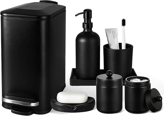 Black Bathroom Accessories Set, 7 Pcs Matte Black Bathroom Accessory Set with Trash Can, Soap Dispenser, Toothbrush Holder, Soap Dish, Vanity Tray, Qtip Holder, Modern Bathroom Sets Complete Decor