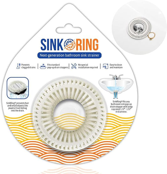 SinkRing Bathroom Sink Drain Protector & Strainer for Sink Stoppers, White | Easy snap-in design. Precision clog-free trap prevents loss of earrings, jewelry or contacts. Fits 1.37" - 1.57" stoppers.