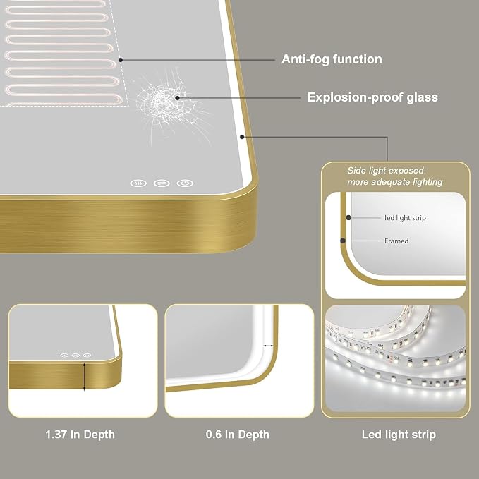 LED Mirror for Bathroom 55X32 Inch Gold Framed with Anti-Fog, Stepless Dimmable, Front Lit, LED Bathroom Vanity Mirror for Wall, Memory Function, Shatter-Proof